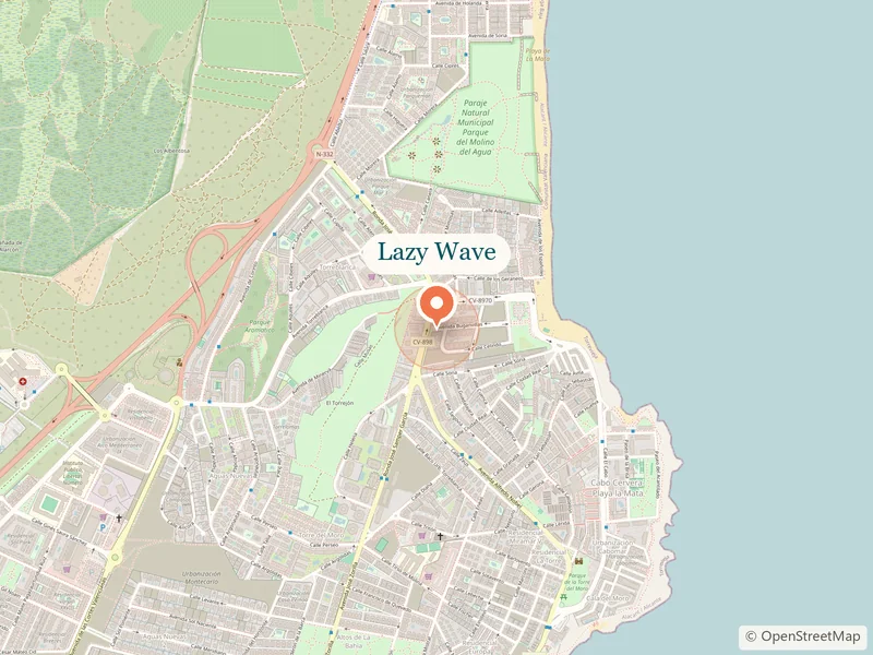 Mapa La Mata z zaznaczoną lokalizacją apartamentu Lazy Wave — plaża, park przyrody i droga N-332